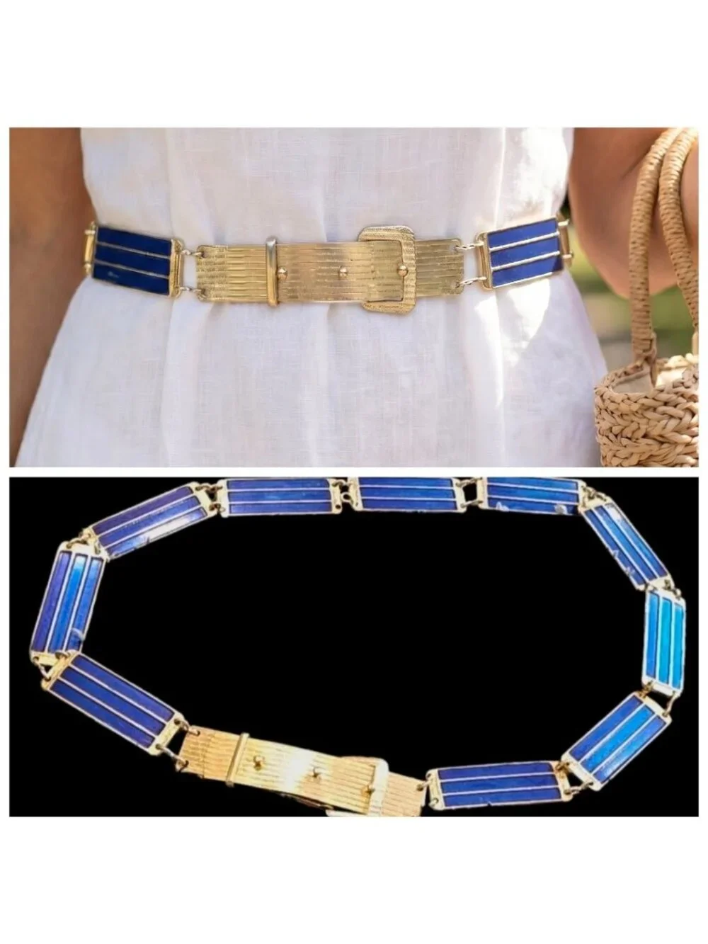 1930s Art Deco Gold Blue Enameled Link Waist Belt Gold Plated Vermeil Sz M 33-35